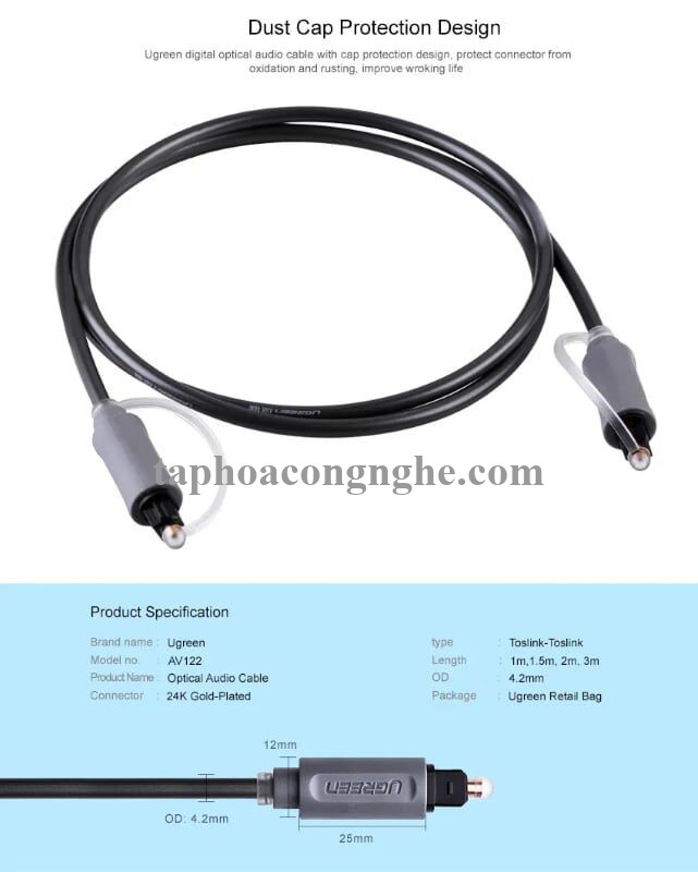 Ugreen 10771 3M màu Xám Dây cáp quang âm thanh 2 đầu dương AV122 30010771